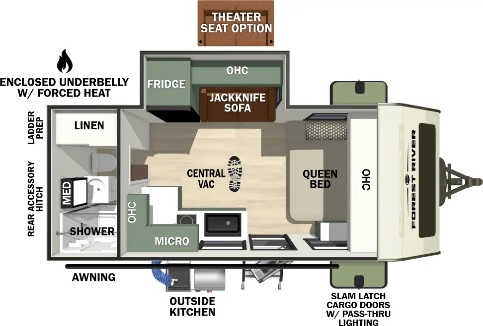 The No Boundaries NB18.3 floorplan has one entry and one slide out. Exterior features include: fiberglass exterior, 13' awning and outside kitchen. Interiors features include: front bedroom and rear bathroom.